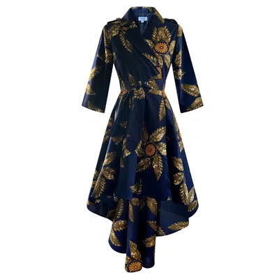Rahyma Women's Gold / Blue / Brown High-low Rose Wrap Dress Jacket In Gold/blue/brown