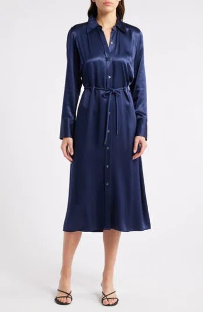 Rails Anina Tie Waist Long Sleeve Satin Shirtdress In Blue