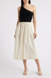 Rails Anita One-shoulder Colorblock Mixed Media Midi Dress In Black Ivory