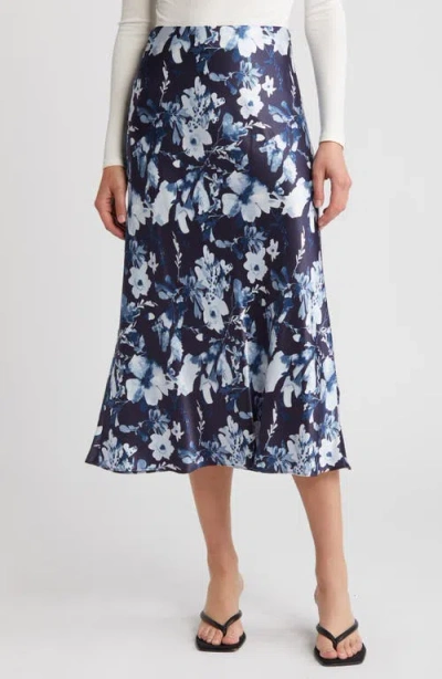 Rails Anya Floral Satin Midi Skirt In Indigo Blossoms