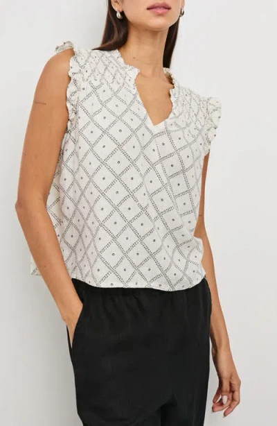 Rails Arlene Geo Print Linen Blend Ruffle Shoulder Top In Ivory Zanzibar