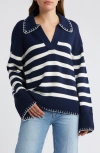 Rails Athena Stripe Cotton Johnny Collar Polo Sweater In Navy Ivory Stripe