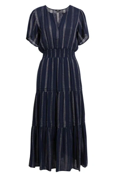 Rails Cannes Stripe Tiered Linen Blend Dress In Blue