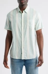 Rails Carson Stripe Short Sleeve Stretch Linen Blend Button-up Shirt In Blue
