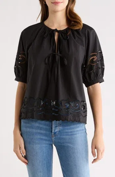 Rails Catalene Embroidered Eyelet Cotton Peasant Top In Black