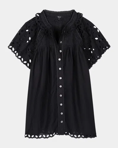 Rails Cerise Eyelet Flutter-sleeve Blouse In Black