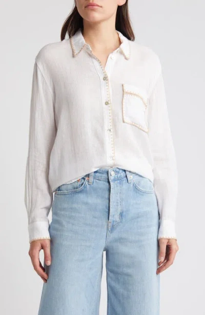 Rails Charli Embroidered Edge Linen Blend Button-up Shirt In White Blanket Stich