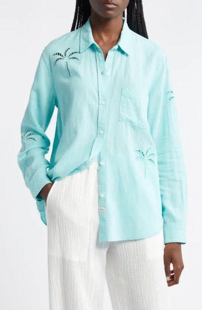 Rails Charli Lattice Palm Linen Blend Button-up Shirt In Aqua Palm Tree Eyelet