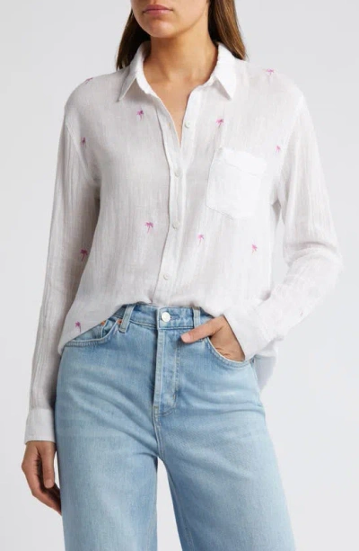 Rails Charli Palm Tree Embroidered Linen Blend Button-up Shirt In Fuschia Embroidered Palms