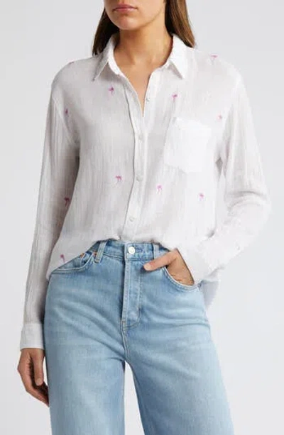 Rails Charli Palm Tree Embroidered Linen Blend Button-up Shirt In White