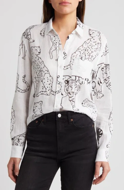 Rails Charli Wild Cat Print Linen Blend Button-up Shirt In Ivory Wild Cats