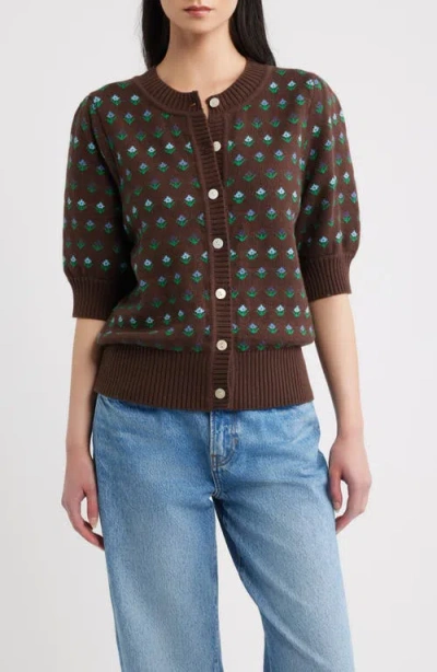 Rails Christine Floral Short Sleeve Cardigan In Black