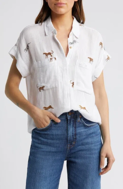 Rails Cito Cheetah Print Short Sleeve Linen Blend Button-up Shirt In White