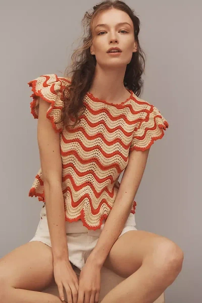 RAILS COEN FLUTTER-SLEEVE CROCHET KNIT TOP