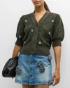 Rails Isla Floral Embroidered Elbow Sleeve Button-up Cardigan In Forest Daisies
