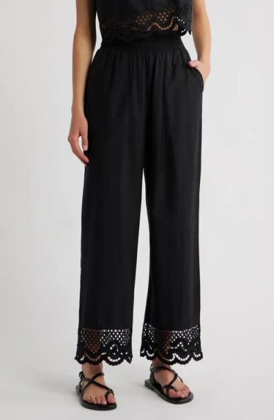 RAILS RAILS HENRIK SMOCKED WAIST LACE TRIM COTTON WIDE LEG PANTS