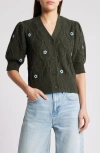 Rails Isla Floral Embroidered Elbow Sleeve Button-up Cardigan In Forest Daisies