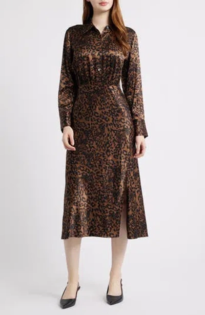 Rails Jazlyn Leopard Long Sleeve Satin Midi Shirtdress In Brown