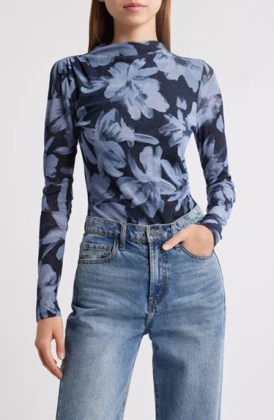 Rails Joelle Floral Ruched Mesh Funnel Neck Top In Midnight Lily