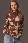 Rails Joelle Cow Print Ruched Funnel Neck Top In Brown