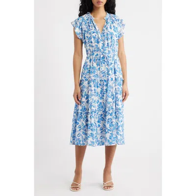 Rails Juni Floral Tie Waist Linen Blend Midi Dress In Blue