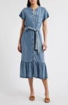 Rails Kahlo Belted Flounce-hem Midi Dress In Mid Blue
