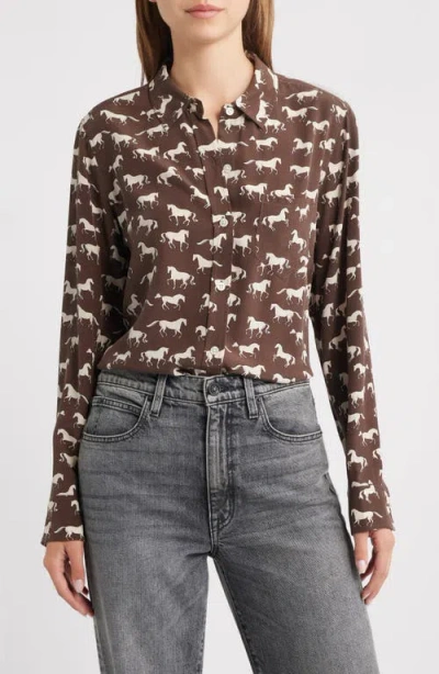 Rails Kate Horse Print Silk Button-up Shirt In Brown
