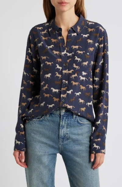 Rails Kate Horse Print Silk Button-up Shirt In Blue