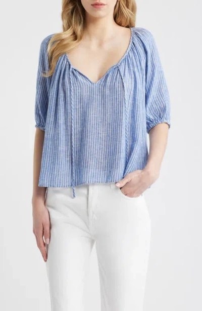 Rails Kirstie Stripe Split Neck Linen Blend Top In Blue