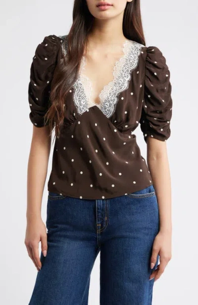 Rails Lazara Lace Trim Polka Dot Top In Brown