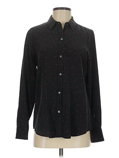 Pre-owned Rails Long Sleeve Silk Top Black Hearts Pattern Collared Neckline Tops