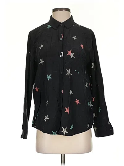Pre-owned Rails Long Sleeve Silk Top Black Stars Pattern Collared Neckline Tops