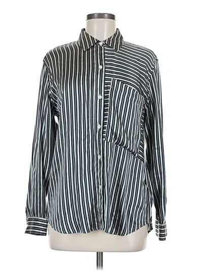 Pre-owned Rails Long Sleeve Silk Top Teal Stripes Pattern Tie Neck Tops In Blue