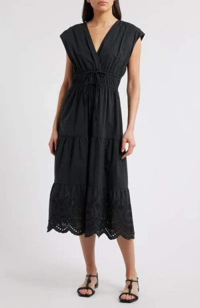 Rails Lucia Tiered Cotton Blend Midi Dress In Black Eyelet