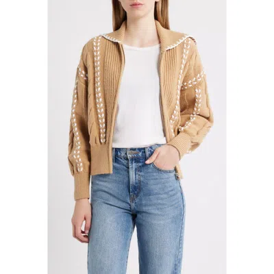 Rails Lune Whipstitch Detail Cotton Blend Bomber Sweater In Brown