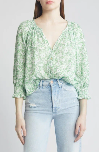 Rails Mariah Floral Print Smocked Linen Blend Top In Green Texture Floral