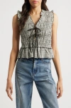 Rails Martine Gingham Smocked Ruffle Crop Top In Ivory Jet Gingham