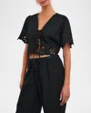 Rails Pari Eyelet Tie Front Linen Crop Top In Black Eyelet