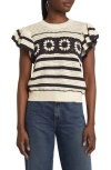 Rails Penelope Flutter-sleeve Crochet Blouse In Oat Navy Crochet Stripe