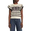 Rails Penelope Flutter-sleeve Crochet Blouse In Oat Navy Crochet Stripe