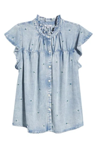 Rails Ruthie Floral Embroidered Ruffle Cap Sleeve Button-up Top In Blue