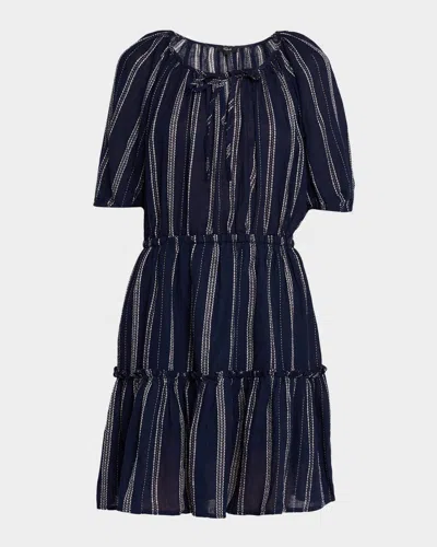 Rails Saba Stripe Linen Puff-sleeve Mini Dress In Black
