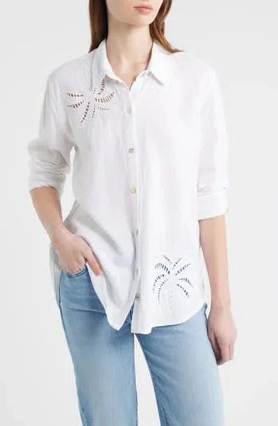 Rails Samar Eyelet Embroidered Linen Blend Button Up Shirt In White Palm Embroidery