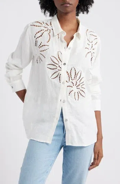 Rails Samar Floral Embroidery Detail Linen Blend Button-up Shirt In White