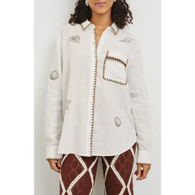 Rails Saya Embroidered Detail Linen Blend Button-up Shirt In White Marine Embroid