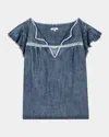 Rails Tafia Embroidered Flutter-sleeve Blouse In Classic Blue