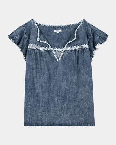 Rails Tafia Embroidered Flutter-sleeve Blouse In Classic Blue