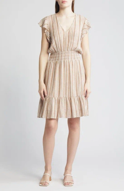 Rails Tara Stripe Ruffle Sleeve Linen Blend Dress In Palo Santo