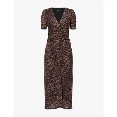 Rails Womens Beacon Animal-print V-neck Woven Midi Dress Brown Nala