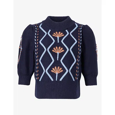 Rails Womens Floral Cables Addy Floral-embroidered Cotton-blend Jumper In Blue